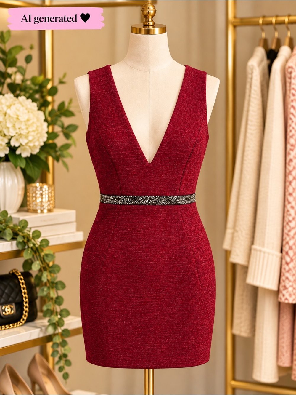 le chateau Burgundy V-Neck Sheath Dress with Embellished Waist- S